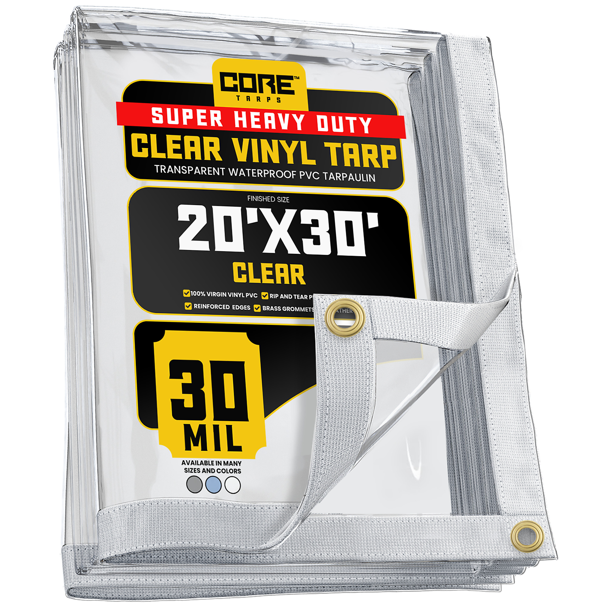 Core Tarps Extreme Heavy-Duty Vinyl Tarp — 30 Mil, Waterproof PVC, Brass Grommets, 20ft. x 30ft., Clear, Model# CT-201-20X30